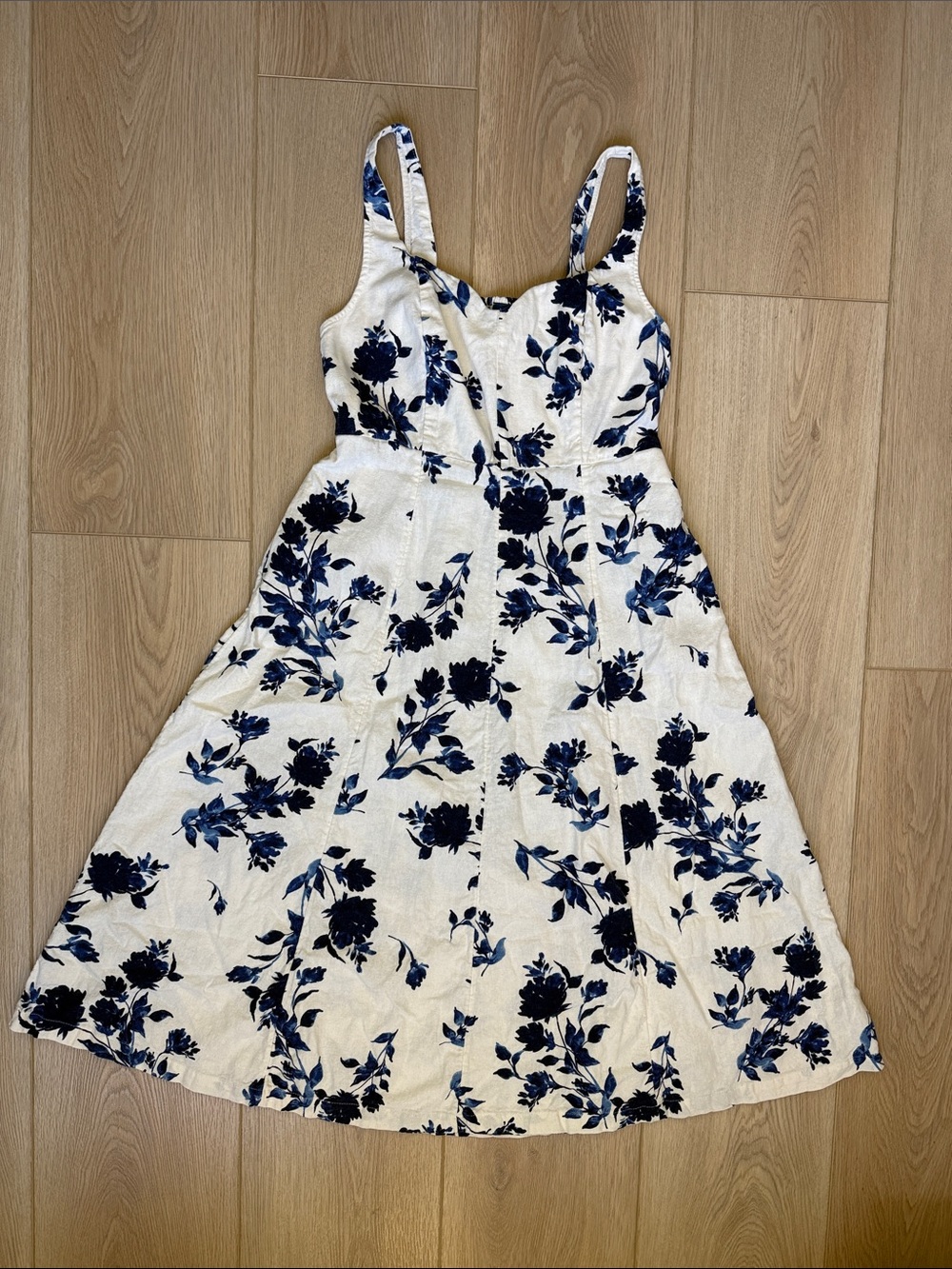 Floral Linen Blend Midi Dress Coastal Grandma White Blue Sweetheart Old Navy M